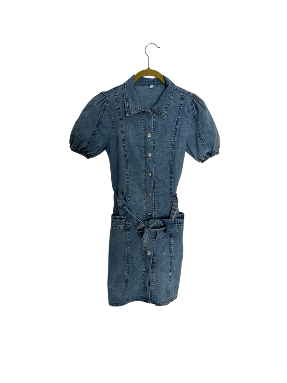 Denim Button-Front Puff Sleeve Dress - Blue Small